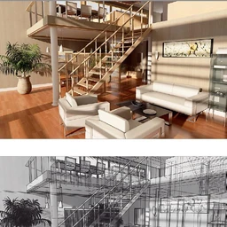 复式客厅模型,楼梯模型,沙发模型,别墅客厅模型,3D模型