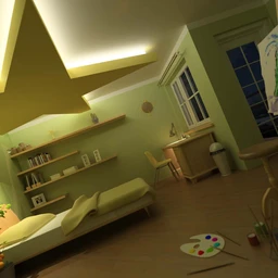 卧室模型,卧室场景,床,书架,天花,画板,盆栽,垃圾桶,书桌,3D模型