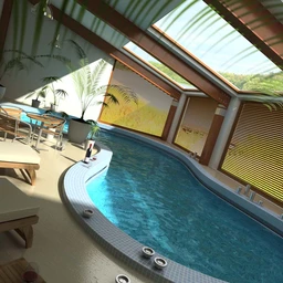 室内游泳池,长椅,花盆,玻璃天花,室内泳池场景,3D模型