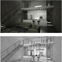 阁楼场景,楼梯,沙发,桌子,客厅,开放式厨房,3D模型