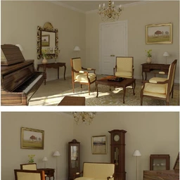 欧式室内场景,欧洲客厅,钢琴模型,吊灯,3D模型