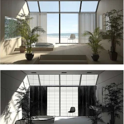 海边浴室场景,玻璃天窗,竹子盆栽,浴池模型,落地玻璃,3D模型