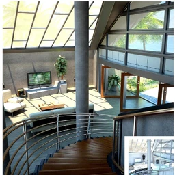 别墅模型,别墅室内场景,复杂房屋,客厅,旋转楼梯,玻璃天窗,3D模型