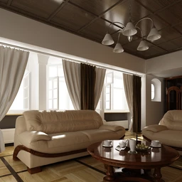 客厅场景,皮沙发模型,木茶几模型,窗帘模型,吊灯模型,木地板,3D模型