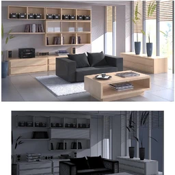 客厅场景,双人沙发模型,书柜模型,3D模型
