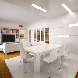 桌椅模型,沙发,电视柜模型,电视,白色网格室内场景,3D模型