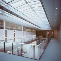 大型吊顶,玻璃屋顶,办公室场景,玻璃护栏,走道,过道,3D模型
