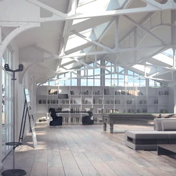阅览室场景,工作室模型,图书室,图书馆,透光天花,钢结构屋顶,3D模型