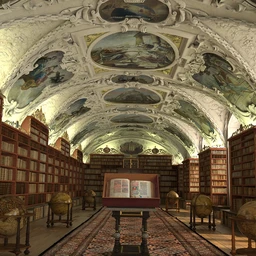 图书馆模型,藏经阁场景,阅览室模型,油画天花,木制地球仪模型,3D模型