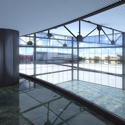 一层大厅场景,透明玻璃门,铁棚架,3D模型