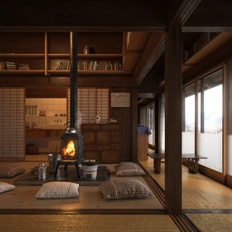 木房屋模型,坐垫,火炉模型,室内场景模型,3D模型