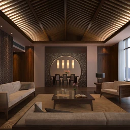 现代室内场景,客厅模型,木结构屋顶,3D模型