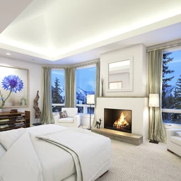 雪景房间场景,火炉模型,沙发,北极景观房,3D模型