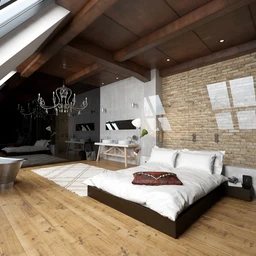 房间场景,阁楼房间,浴缸模型,大床,木地板模型,3D模型