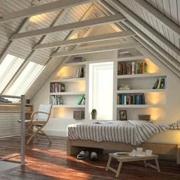 木房子室内场景,三角屋顶,木床,书架书桌,天窗模型,3D模型