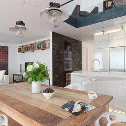 厨房场景,木桌子模型,复式室内场景,3D模型