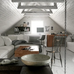 阁楼场景,木屋顶模型,沙发,书桌,3D模型